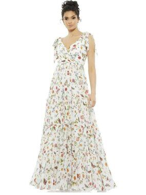 Mac Duggal Floral Bow Tie Shoulder Maxi Dress Size 4 New